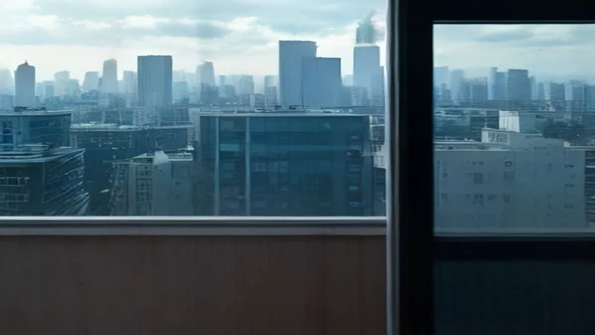 Photograph: over-the-shoulder view of a panoramic city skyline seen through an office window, subtle blue tones